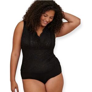 6X 30W Torrid Black Lace Bodysuit Super Soft V Neck Snap Closure Sheer Dressy